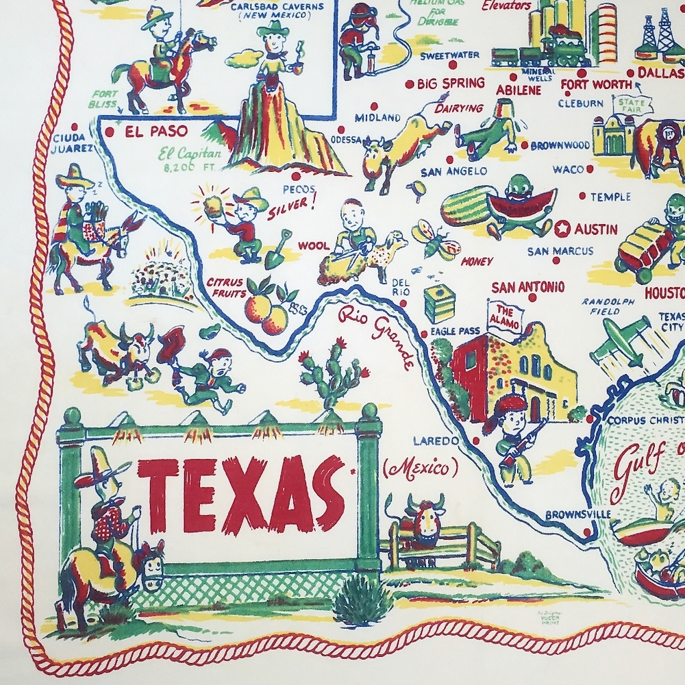 SOLD Vtg Texas Novelty Souvenir Tablecloth 37"x 32" Lone Star State Caricature - Picture 2 of 15
